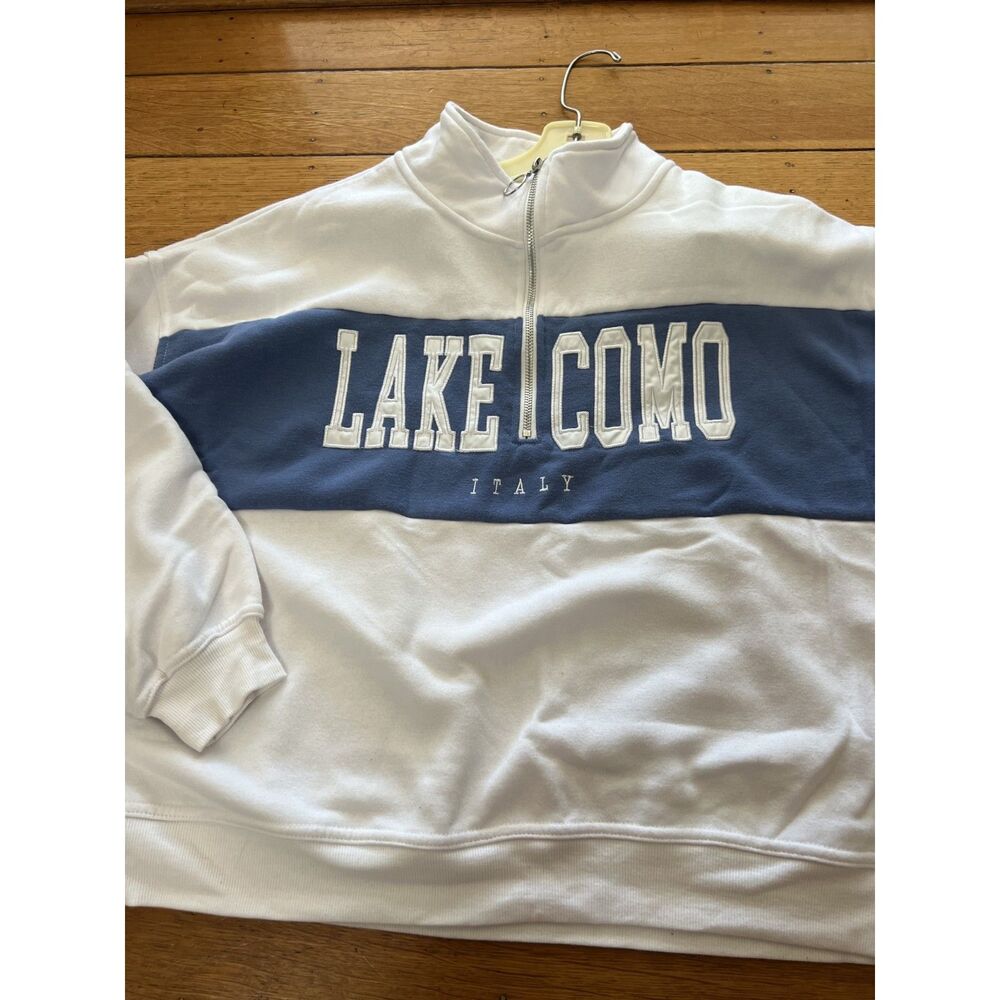 Vinyl Icons Lake Como Italy Quarter-Zip Sweatshirt, White & Navy, Size XL